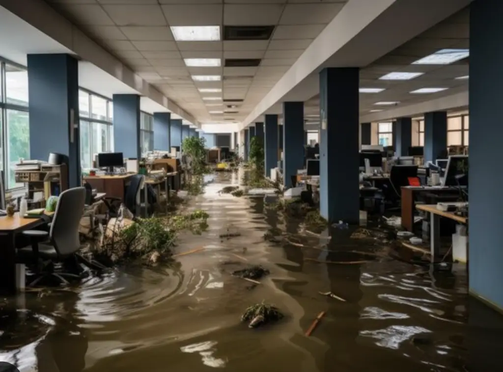 Flooded office space with debris.