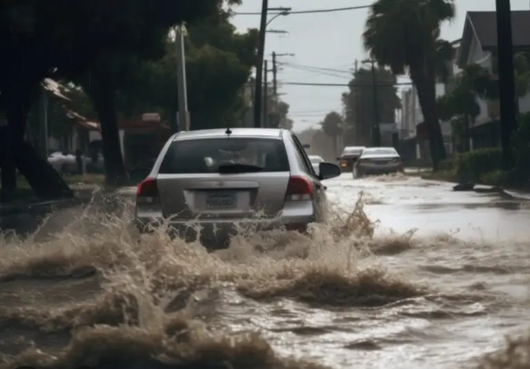 Car driving through flooded street