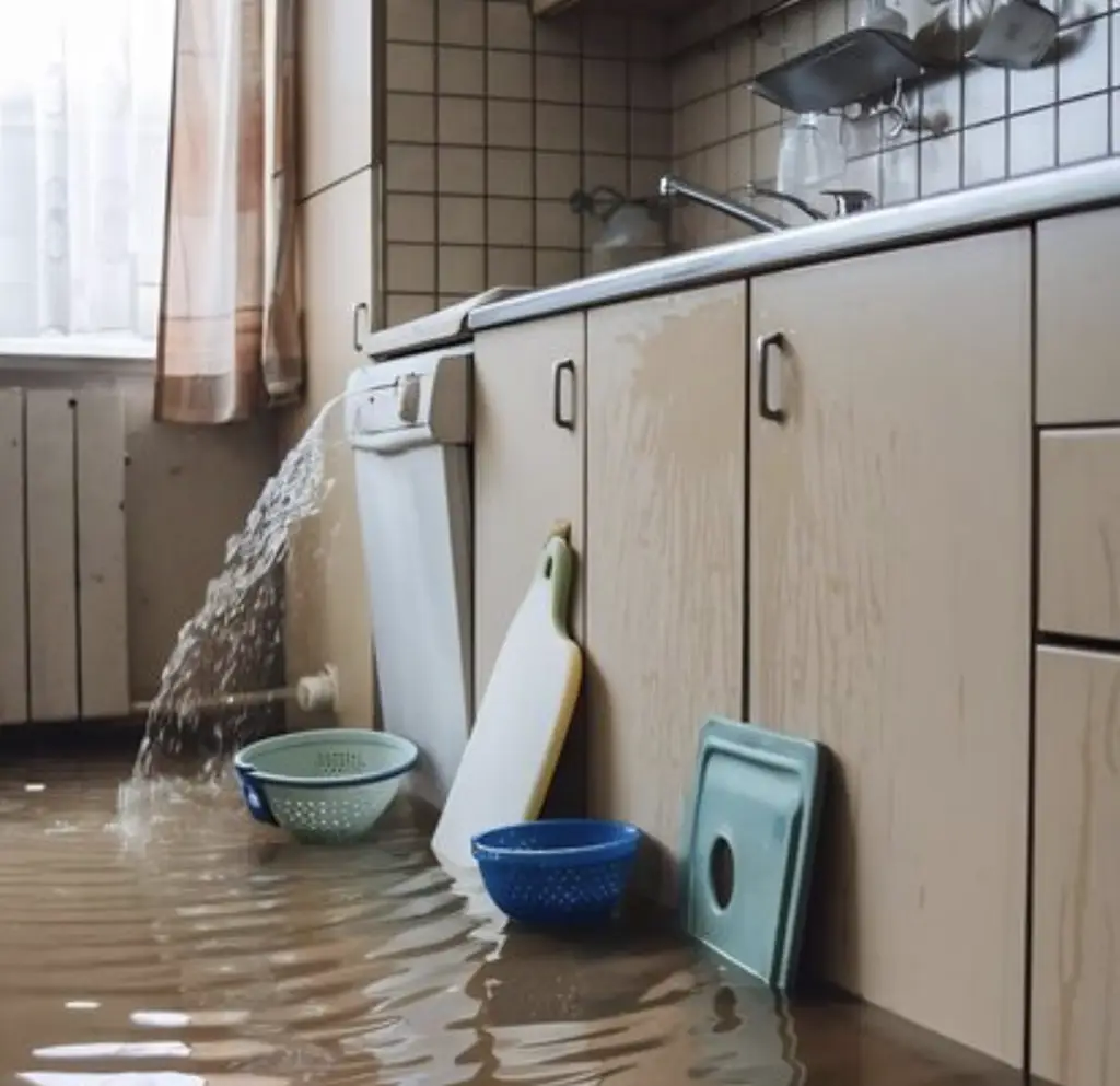 Flooded kitchen with water pooling