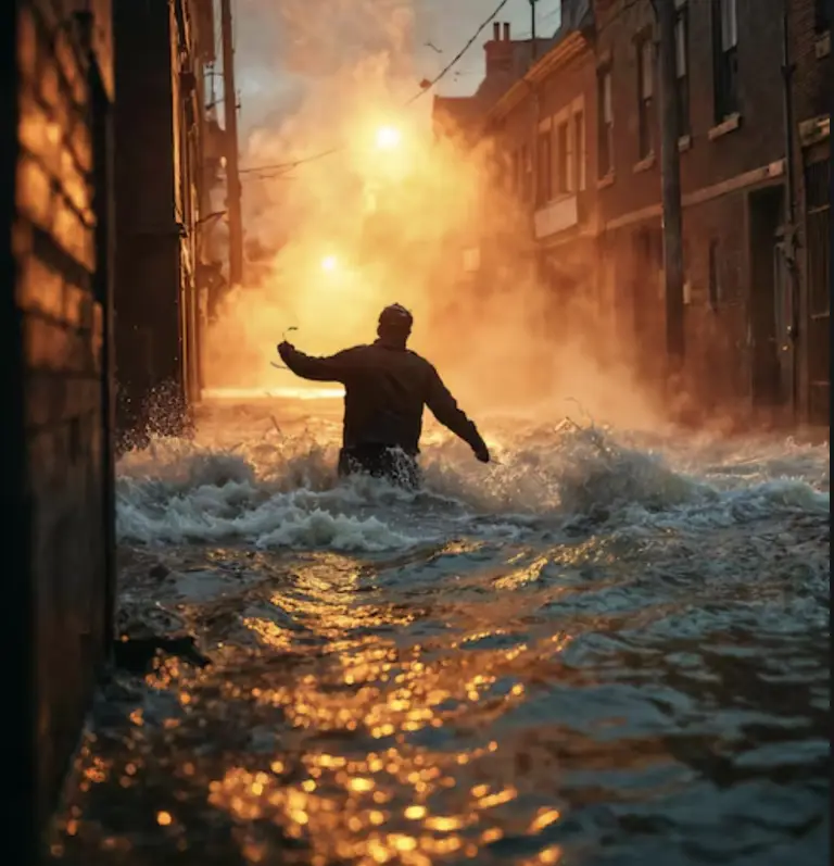 Person wading through flooded street